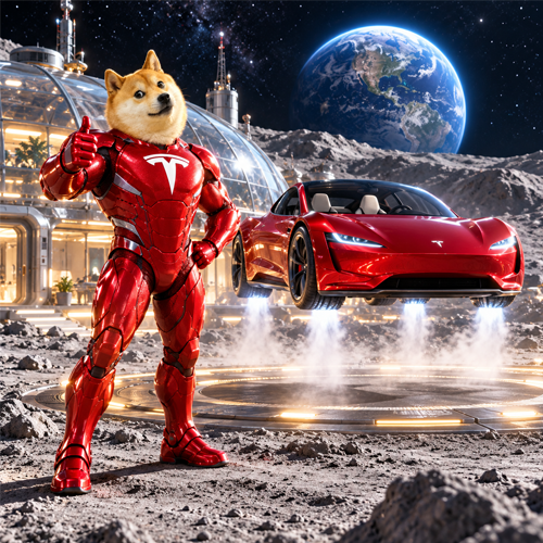 Shiba Inu in glossy red armor leaping above a red roadster in a sunlit futuristic city