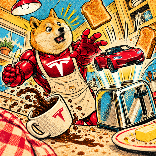 Shiba Inu in red armor launching beside a red roadster over a glowing city platform
