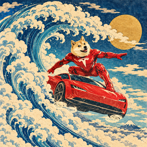 Shiba Inu in red armor riding a red roadster over a curling wave beneath a gold sun